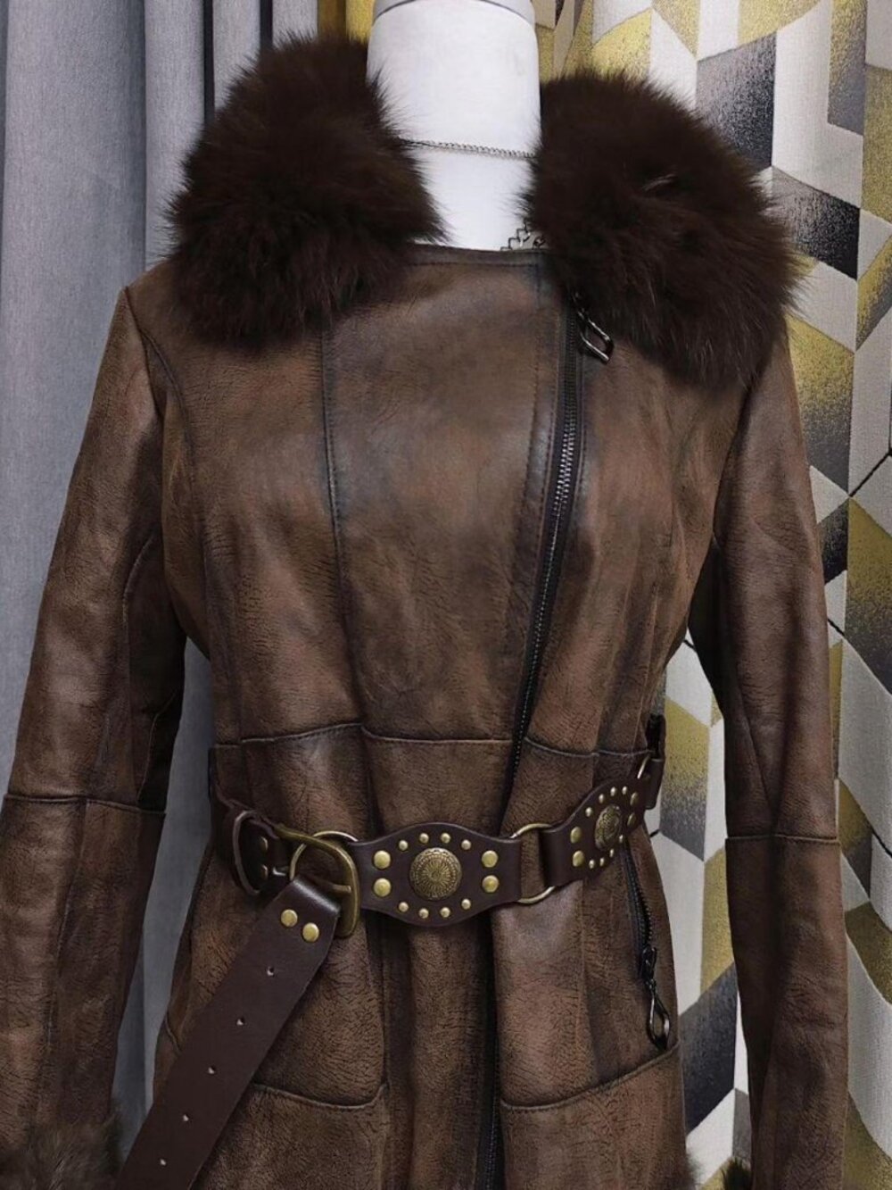 Brown Rabbit Fur Lined Leather Coat with Fox Fur Collar – Size M - Picture 4 of 6